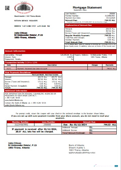 Download Albania Bank of Albania mortgage statement scr Photoshop template
